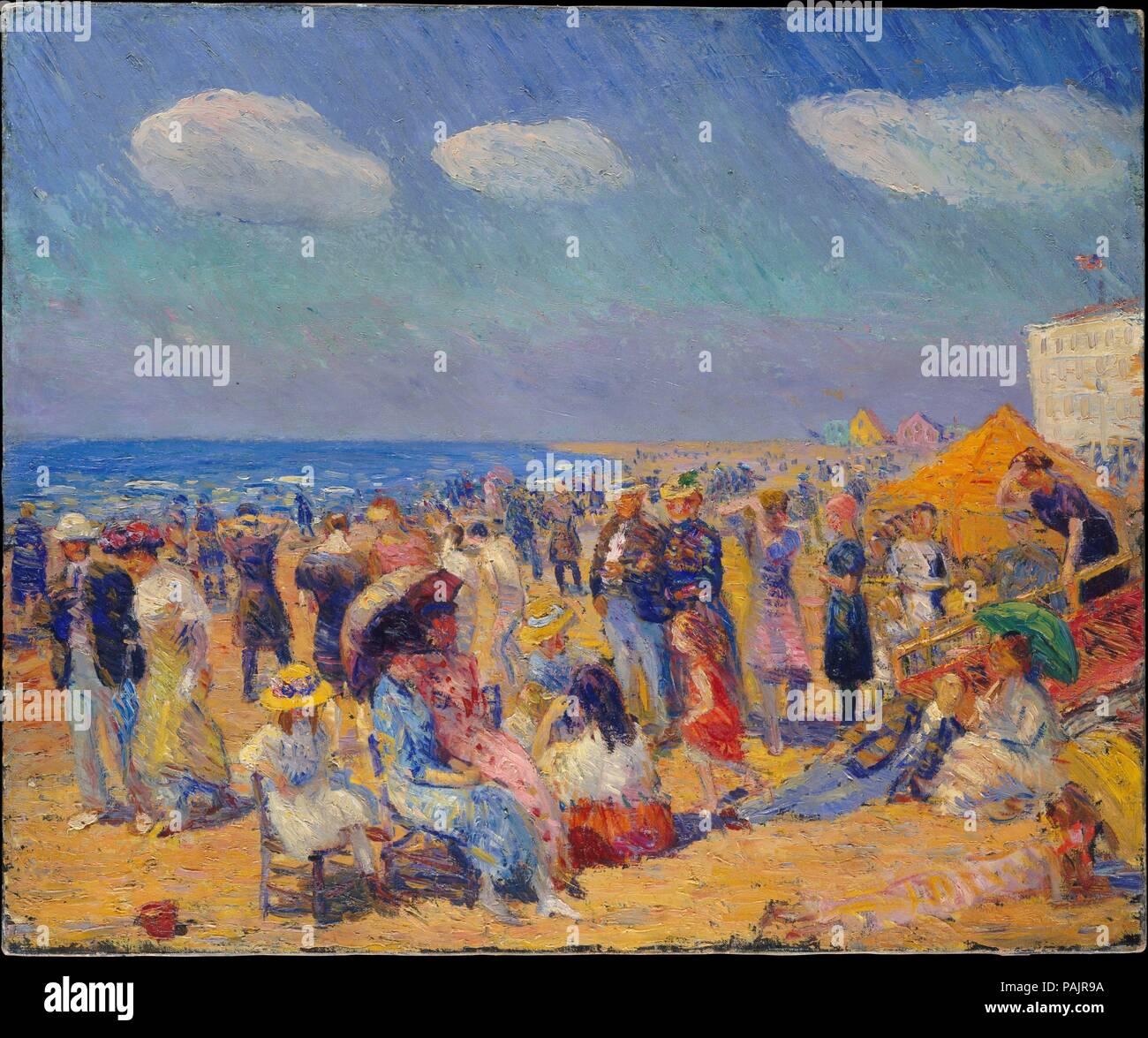 Crowd at the Seashore. Artist: William James Glackens (American, Philadelphia, Pennsylvania 1870-1938 Westport, Connecticut). Dimensions: 25 x 30 in. (63.5 x 76.2 cm). Date: ca. 1910.  Like his fellow urban realists, Glackens was drawn to Coney Island, and this painting may depict the democratic throngs that gathered there. The number and variety of beachgoers suggest the socioeconomic diversity of New York, and imbue the painting with a lively, modern spirit. To heighten the scene's energy, Glackens used a vibrant palette and vigorous brushwork, applying saturated oranges and blues to evoke t Stock Photo