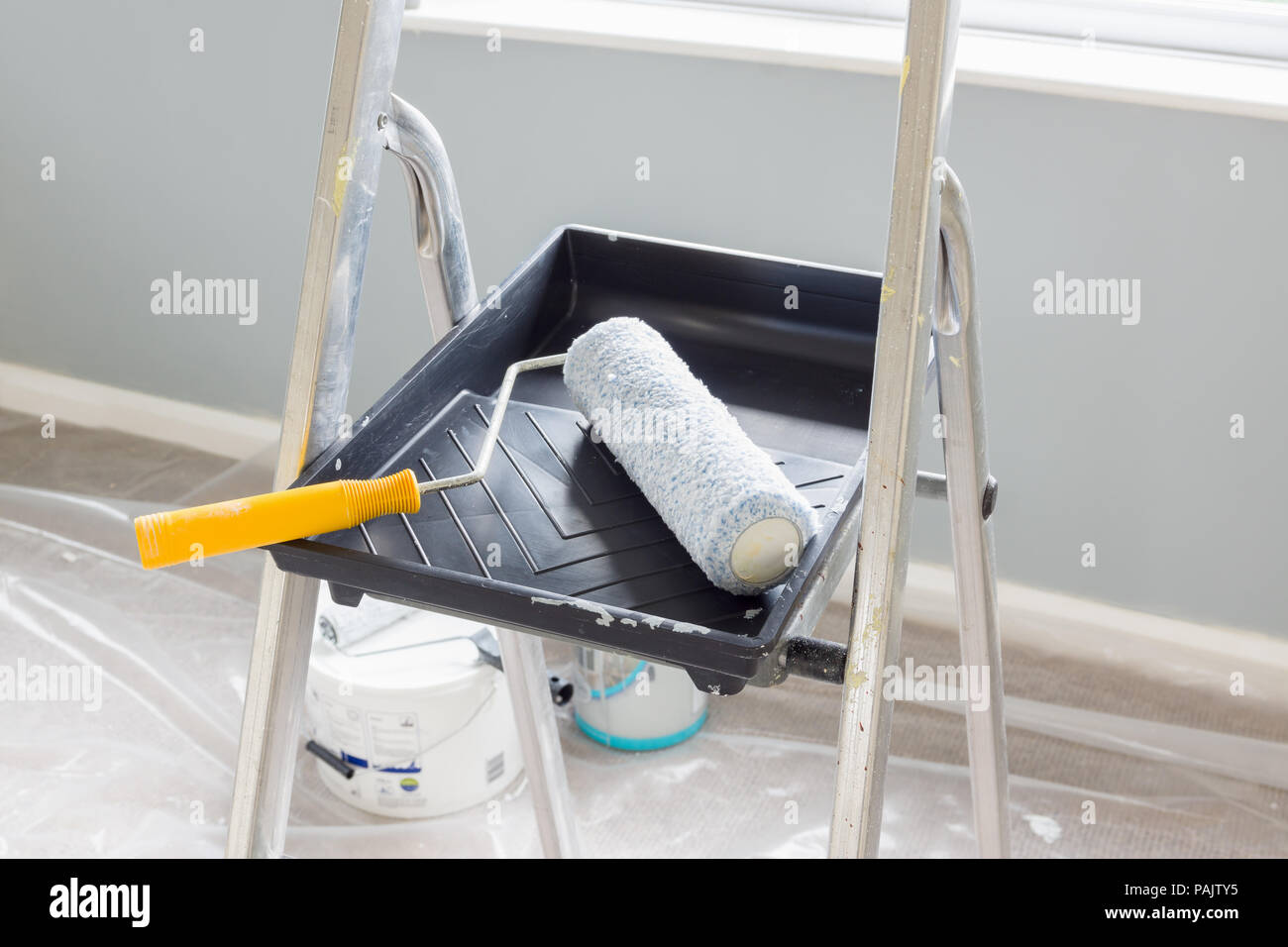 Painting and decorating with a roller and tray on a set of metal step