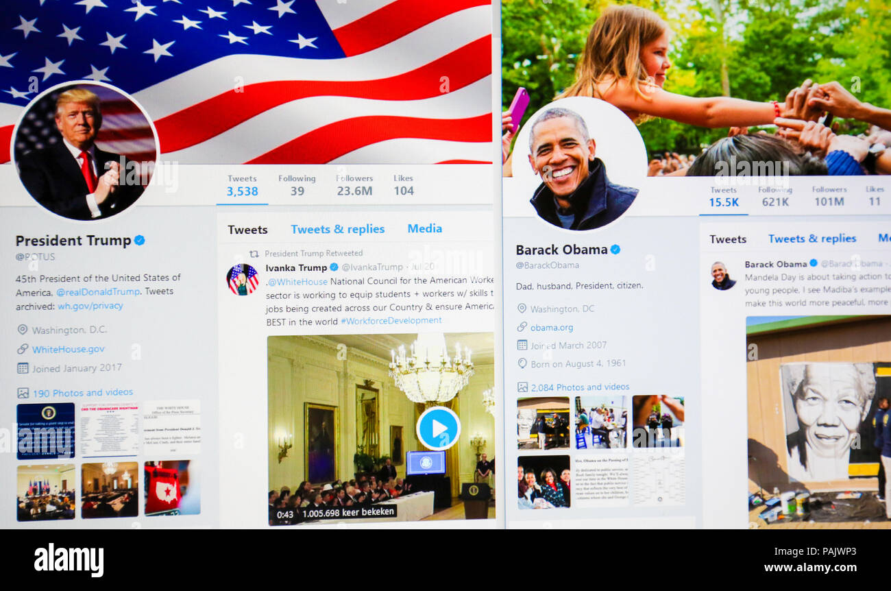 Brussels, Belgium - July 21, 2018: The official twitter page of Donald J. Trump and Barack Obama, 45th and 44th President of the USA. Stock Photo