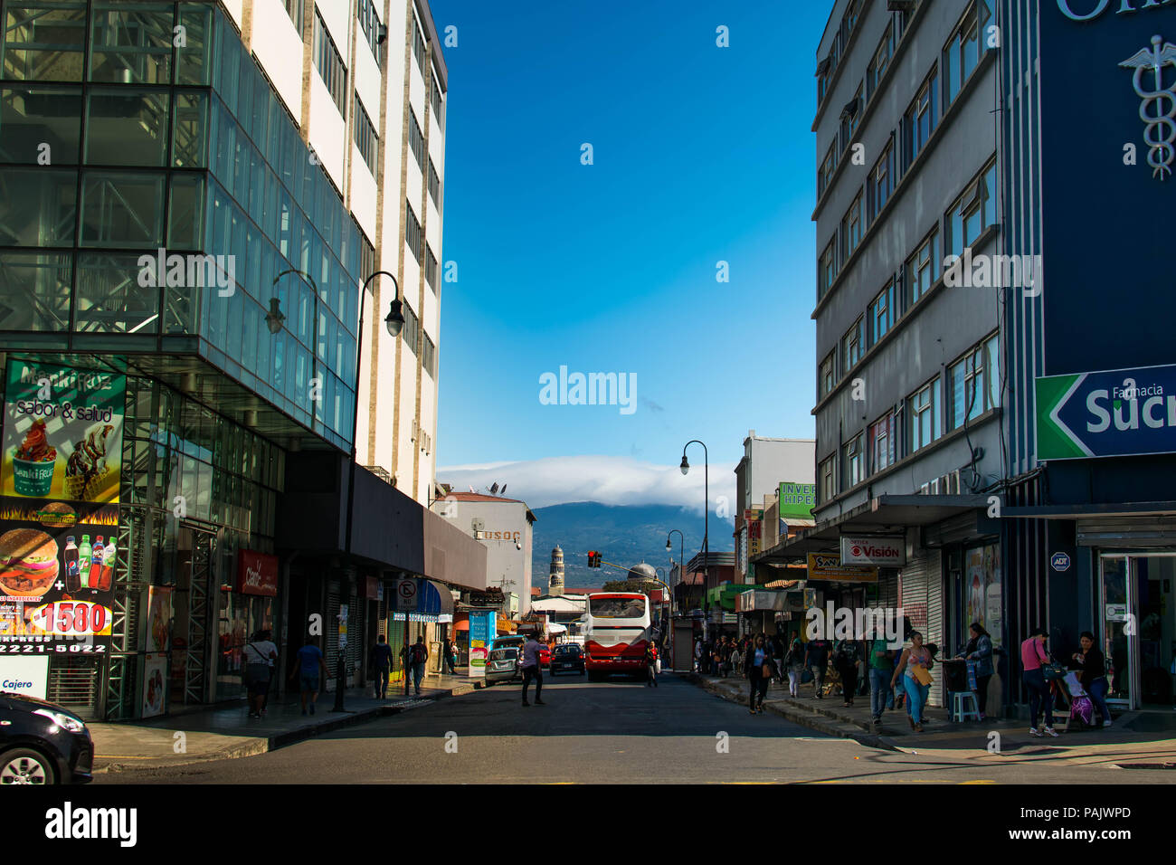 San Jose, Costa Rica. February 18, 2018. A bustling main street in ...