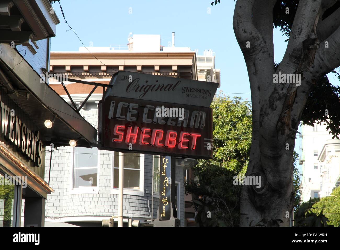 Neon sign in downtown San Francisco, 'ice cream, sherbet' Stock Photo