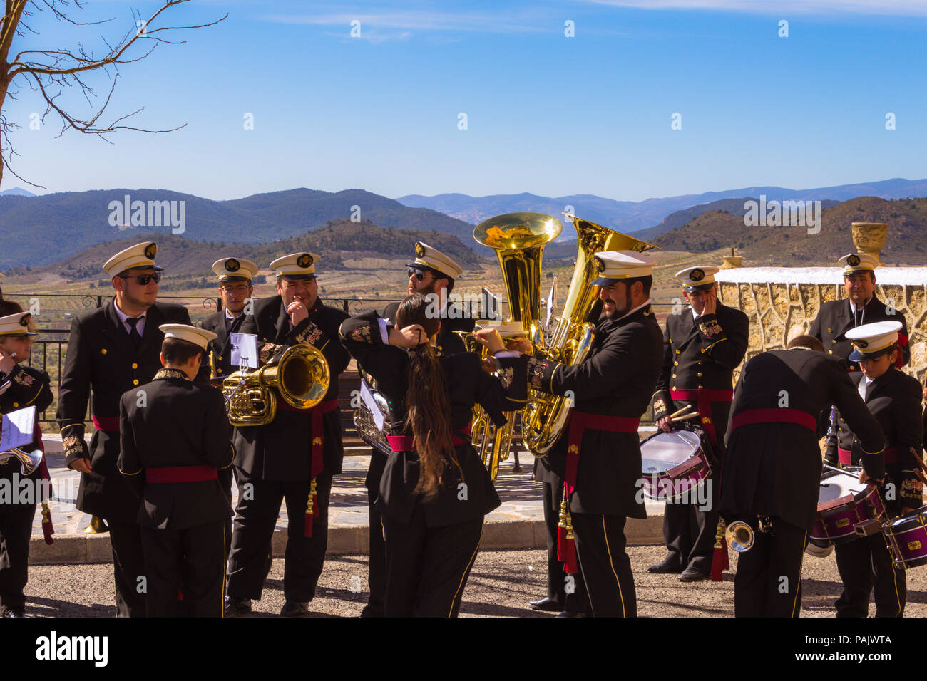 Marching Band Perform in a small rural town in Spain as it Celebrates