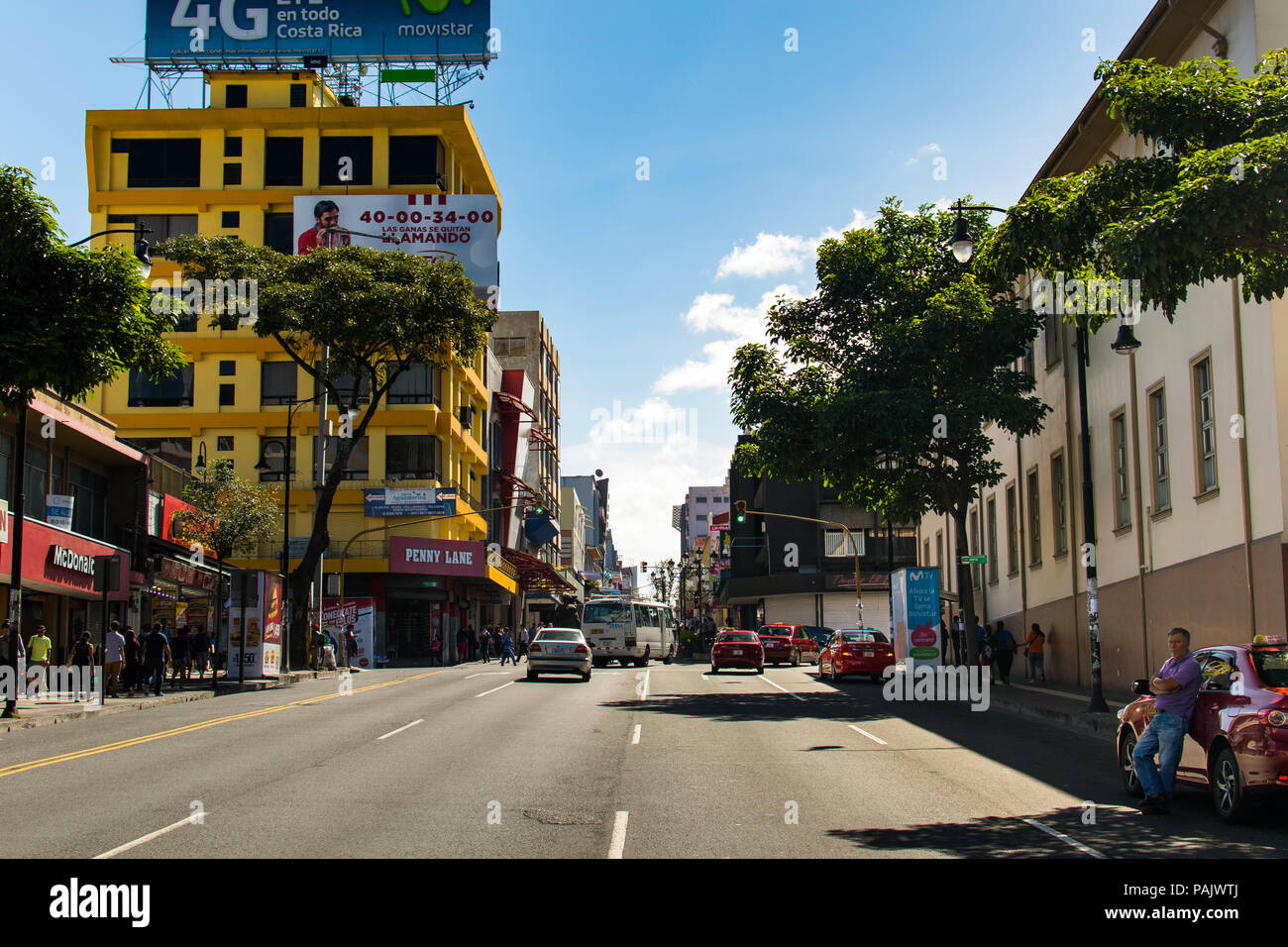 San Jose, Costa Rica. February 18, 2018. A bustling main street in ...