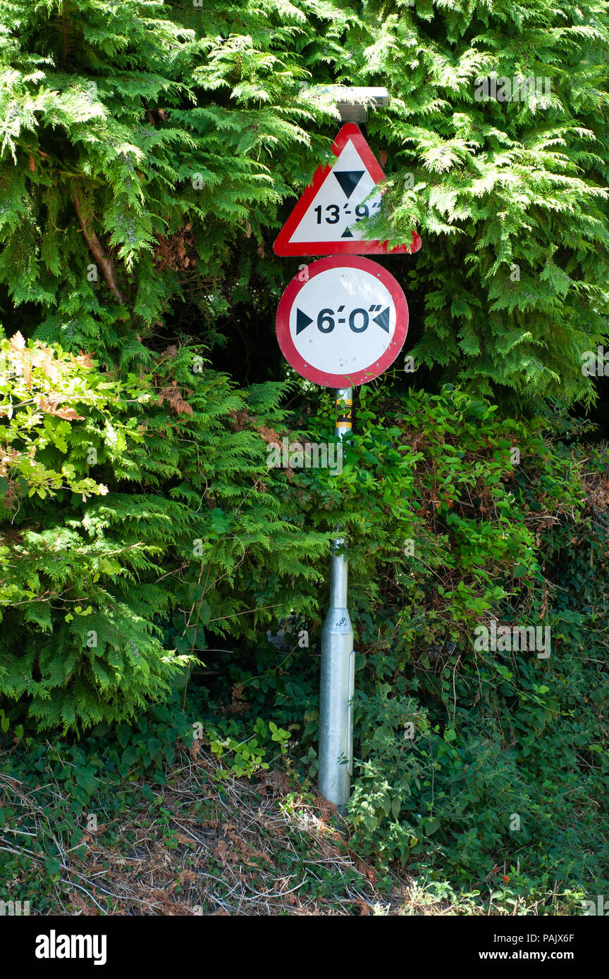 Road sign warning of low and narrow bridge Stock Photo