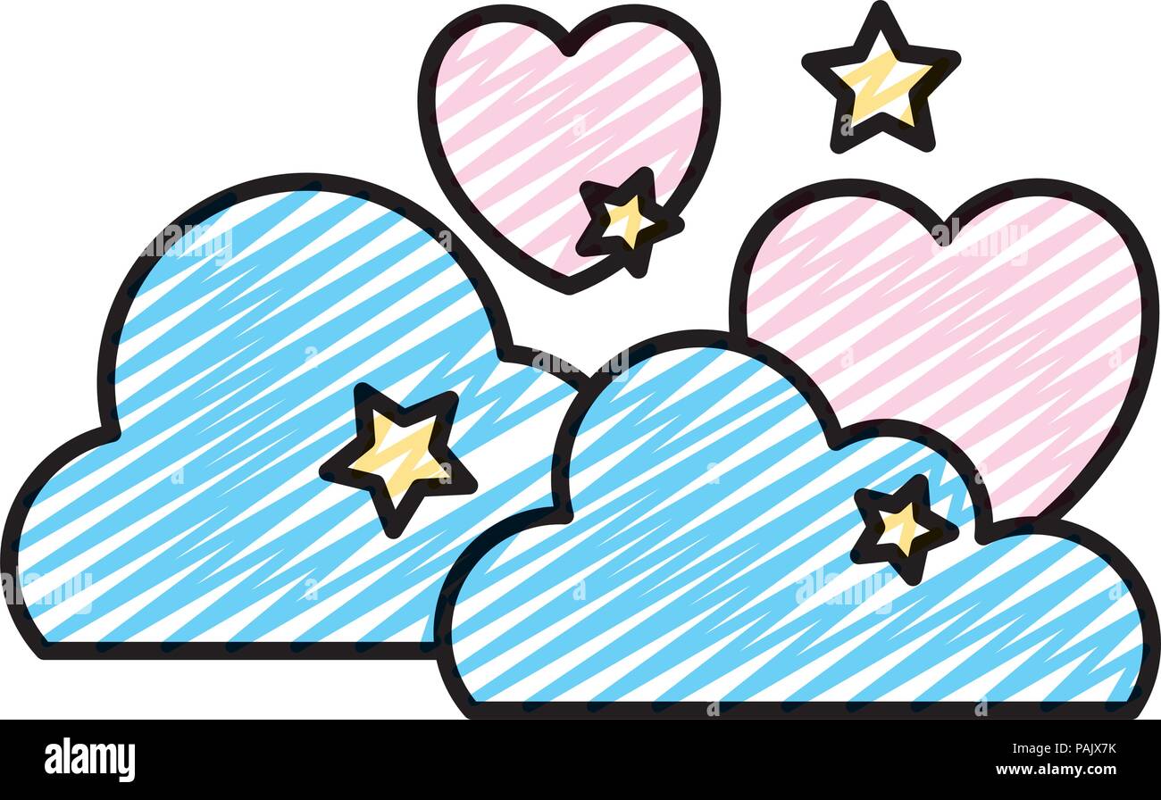 doodle fluffy clouds with stars and heart style Stock Vector Image ...
