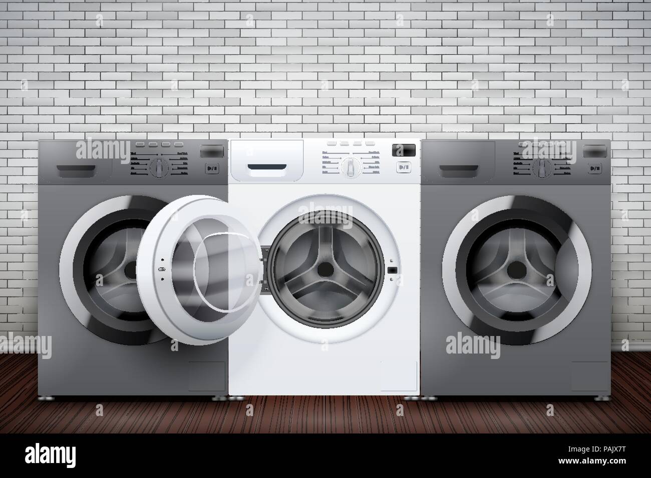 Laundry room of brick wall and washing machines Stock Vector
