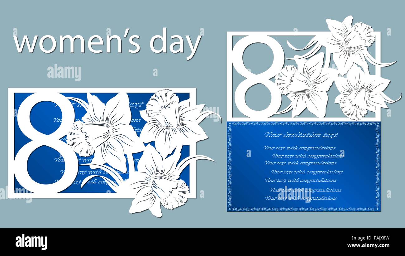 Decoration for women's day - 8 March. Narcissus. Template for laser cutting. Paper cut and printing. Vector illustration. Stock Vector