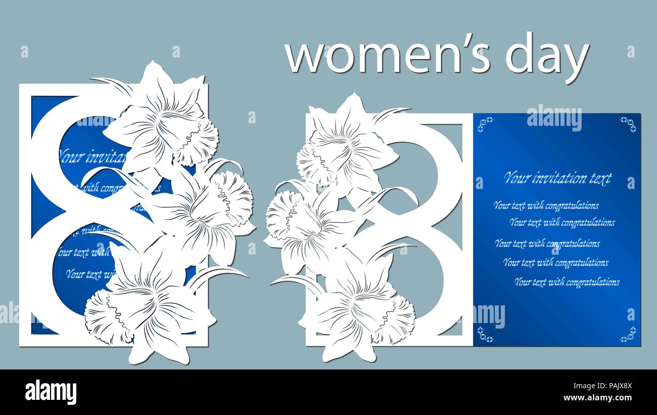 Decoration for women's day - 8 March. Narcissus. Template for laser cutting. Paper cut and printing. Vector illustration. Stock Vector