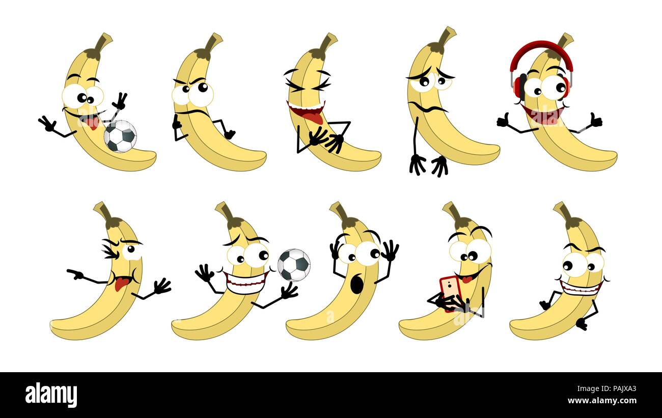 Earphones, football ball, Emoticon banana. Set of emoticons, emoji icon isolated on grey