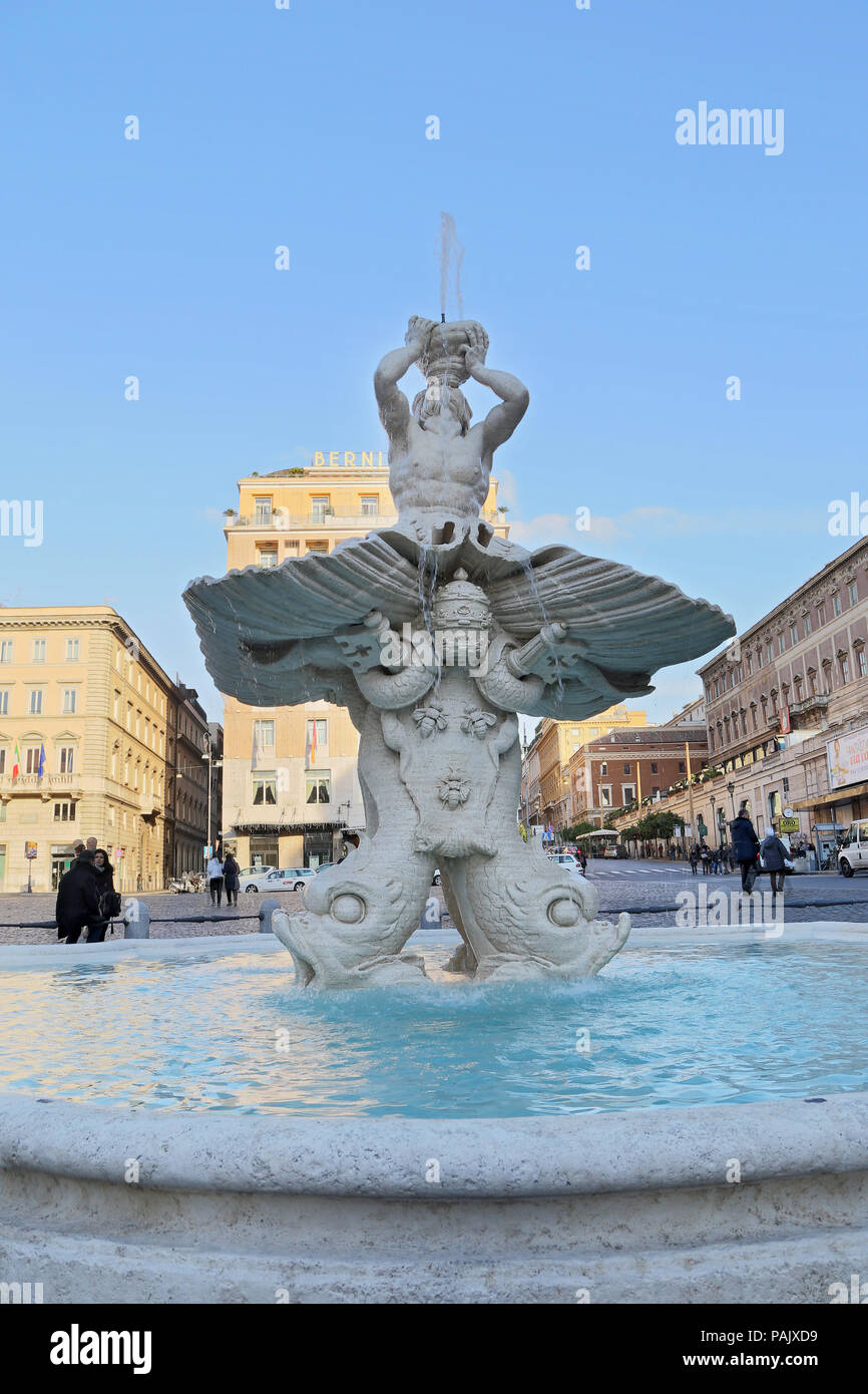 Baroque Triton Fountain (Fontana del Tritone) in Rome Italy Stock Photo