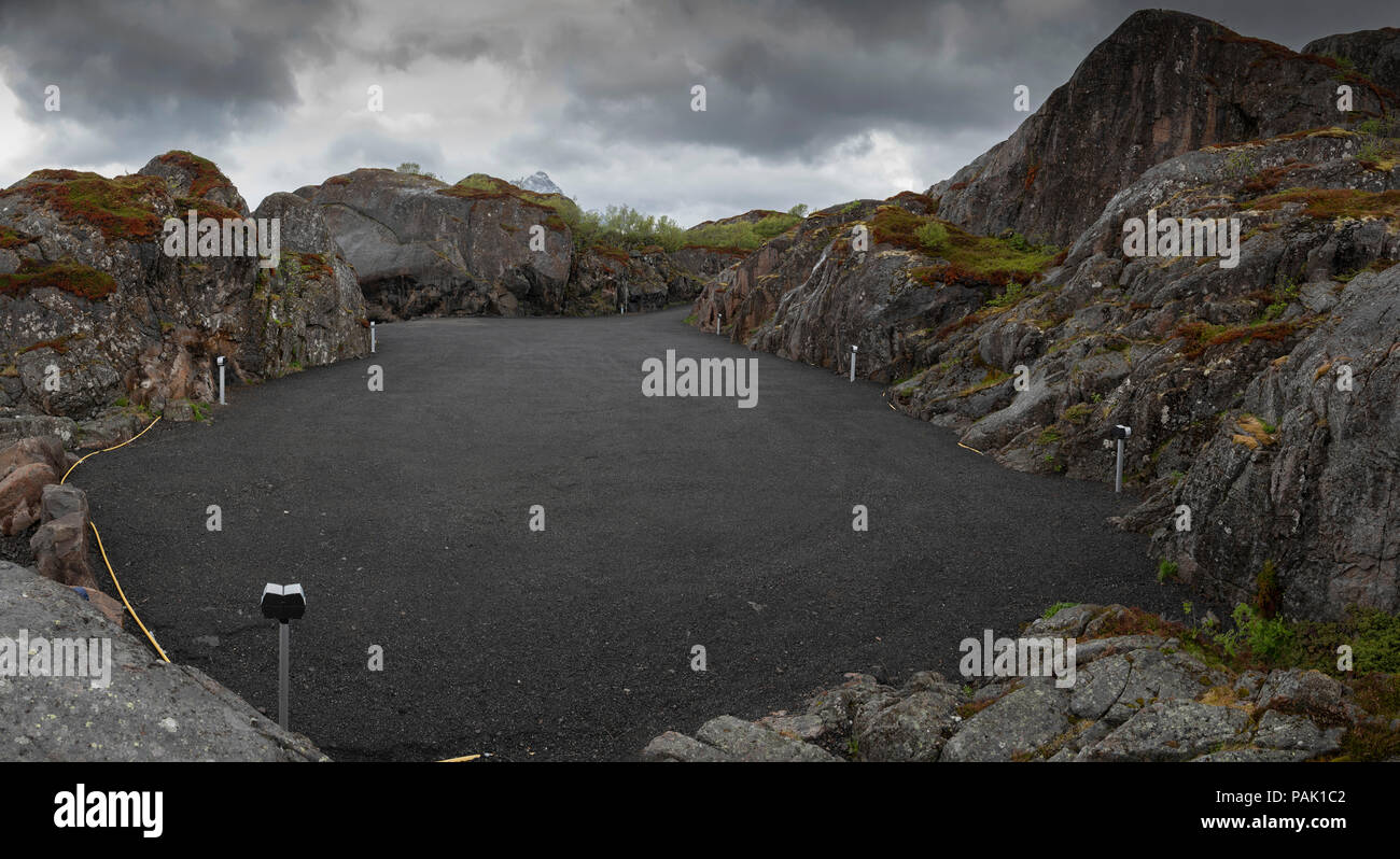 Camping emplacements at Kabelvag camping, near Svolvaer, Lofoten Islands, Norway. Stock Photo