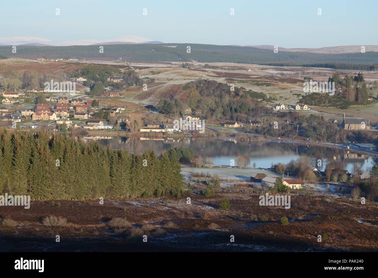 The village of Lairg and surrounding hills in Sutherland, Scottish Highlands Stock Photo
