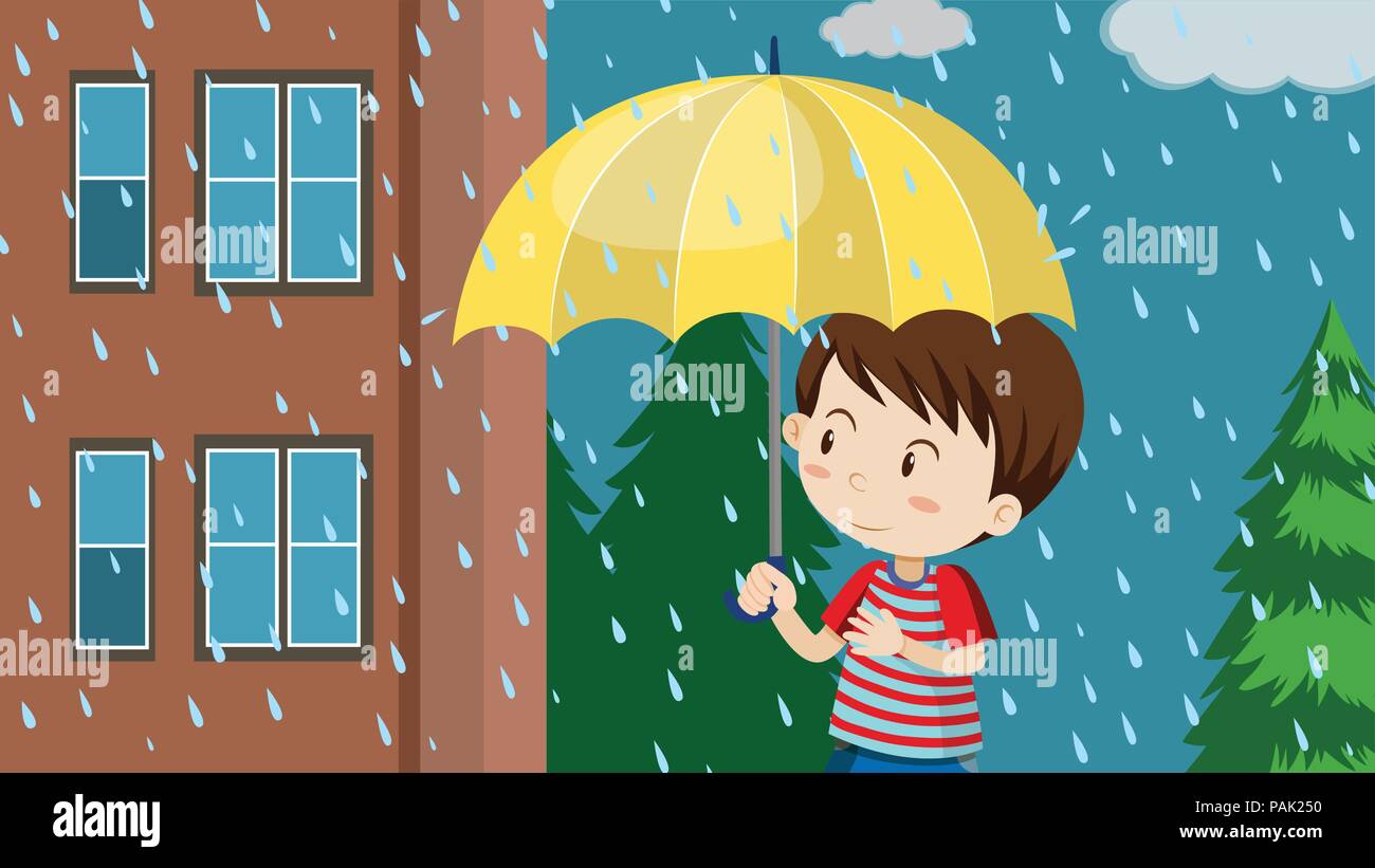 Young boy with umbrella walking in rain illustration Stock Vector Image ...