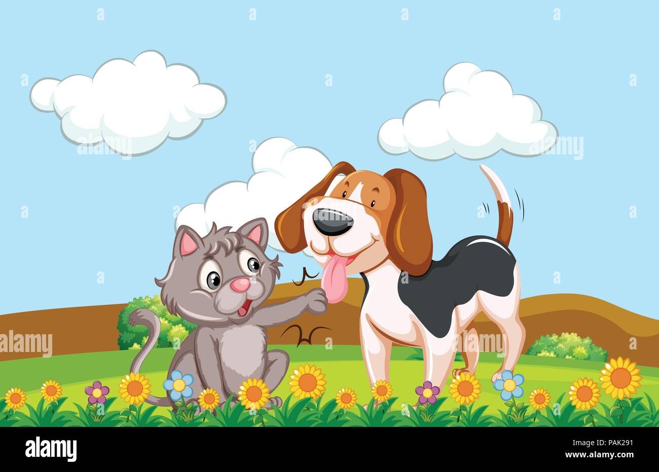 A dog and cat in a garden illustration Stock Vector