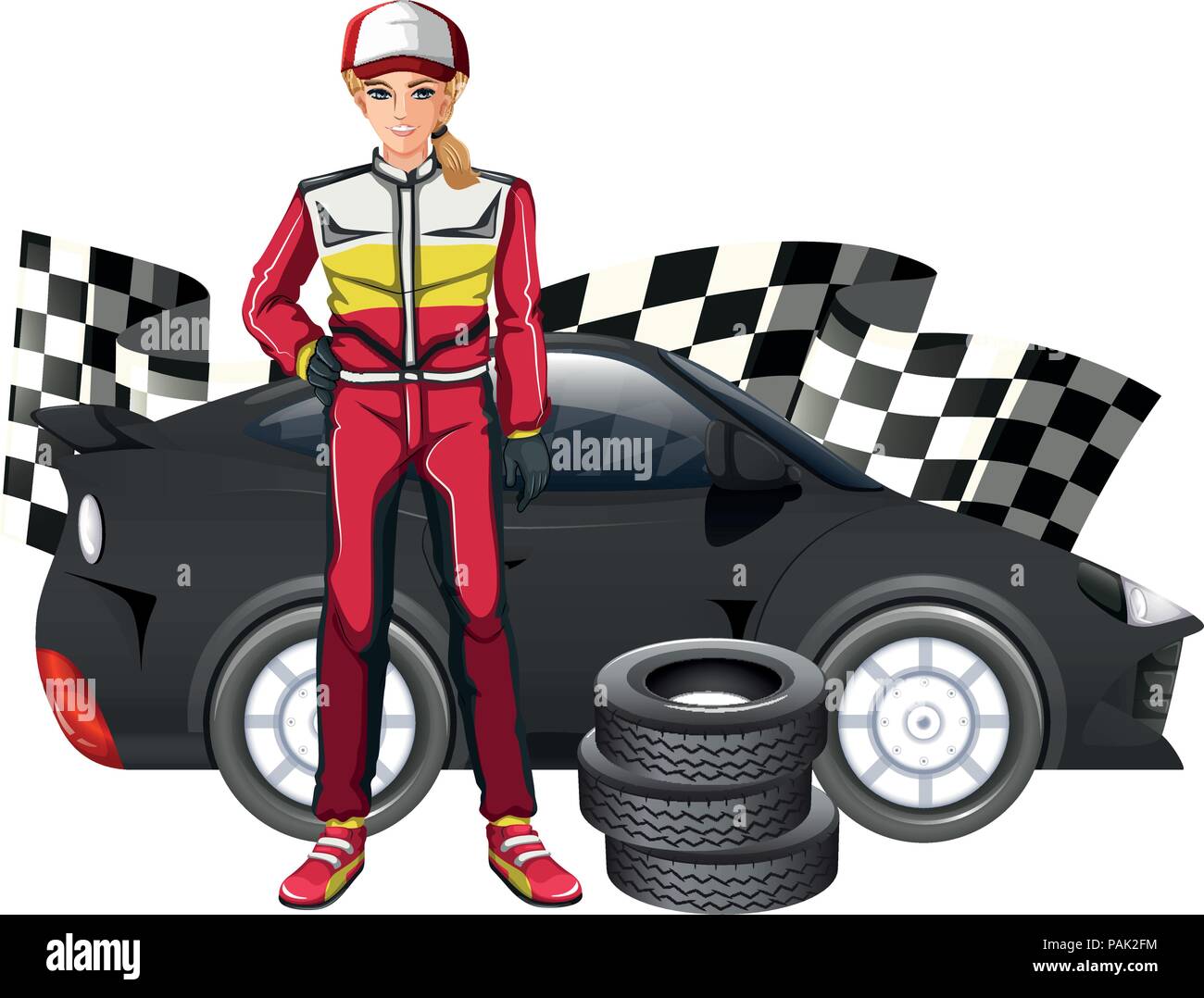 Female formula one driver and car illustration Stock Vector