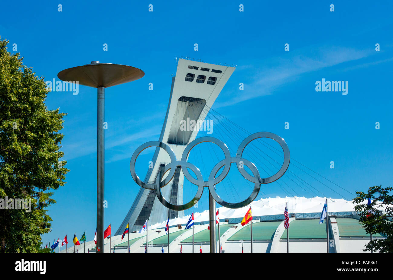 Parc Olympique in Montreal, with rings and tower and fire platform Stock Photo