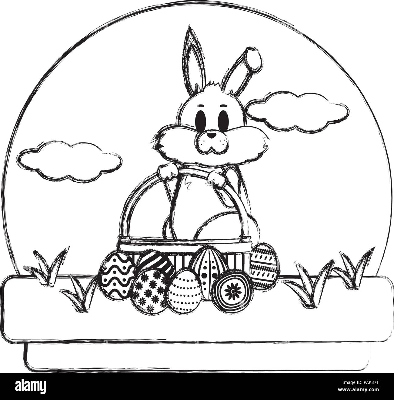 grunge rabbit with hamper and eggs easter decoration Stock Vector