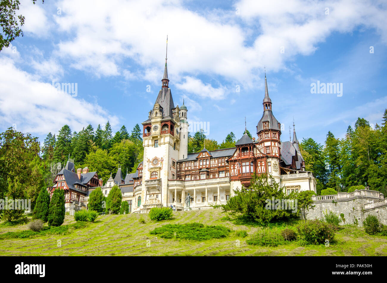 Peles Castle in Romania build by the Royal House during the 19th century in a beautiful eclectic and neo-renaissance architectural style Stock Photo