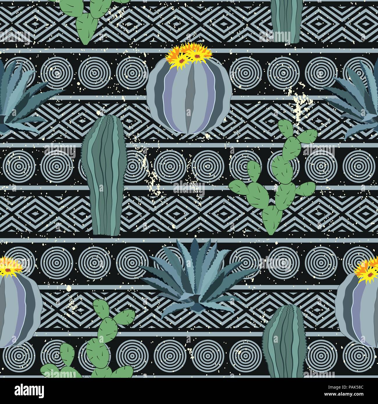 Seamless geometric pattern with cactuses. Colorful mexican theme ornament. Vector background Stock Vector