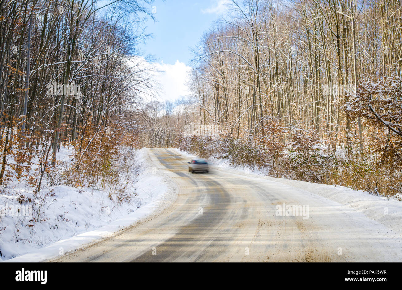 Small car speeding on a snowy road through a forest on a cold sunny ...