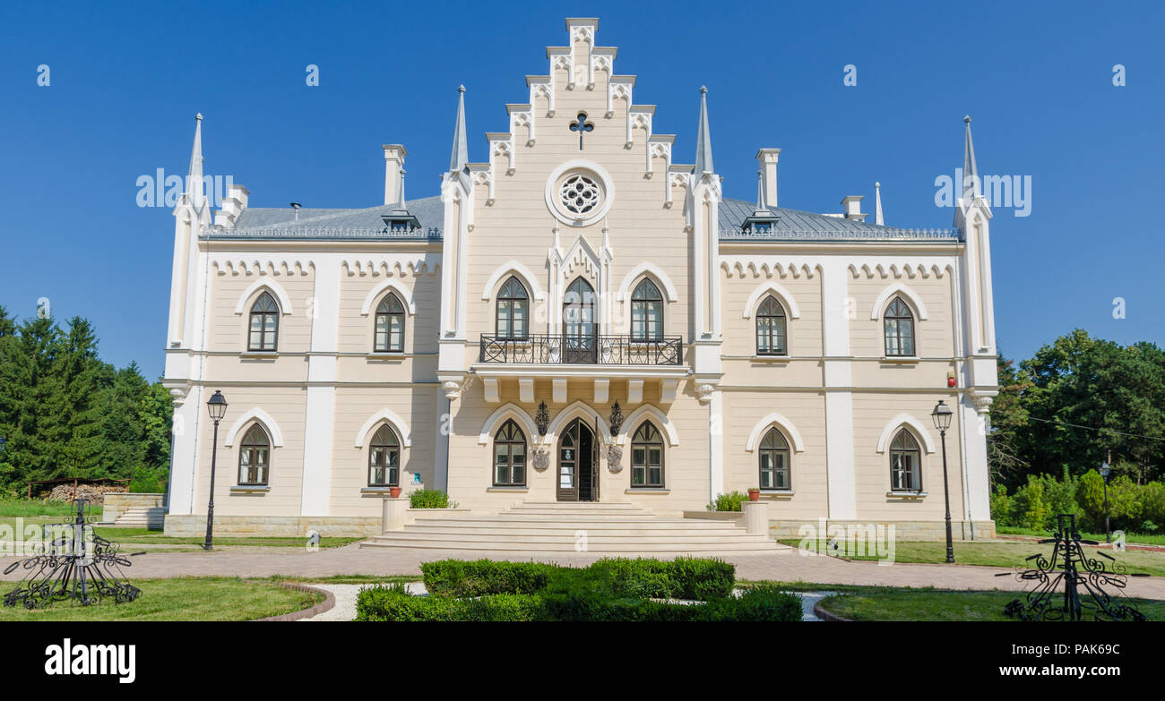 Ruginoasa neogothic palace front facade in Moldavian region of Romania Stock Photo