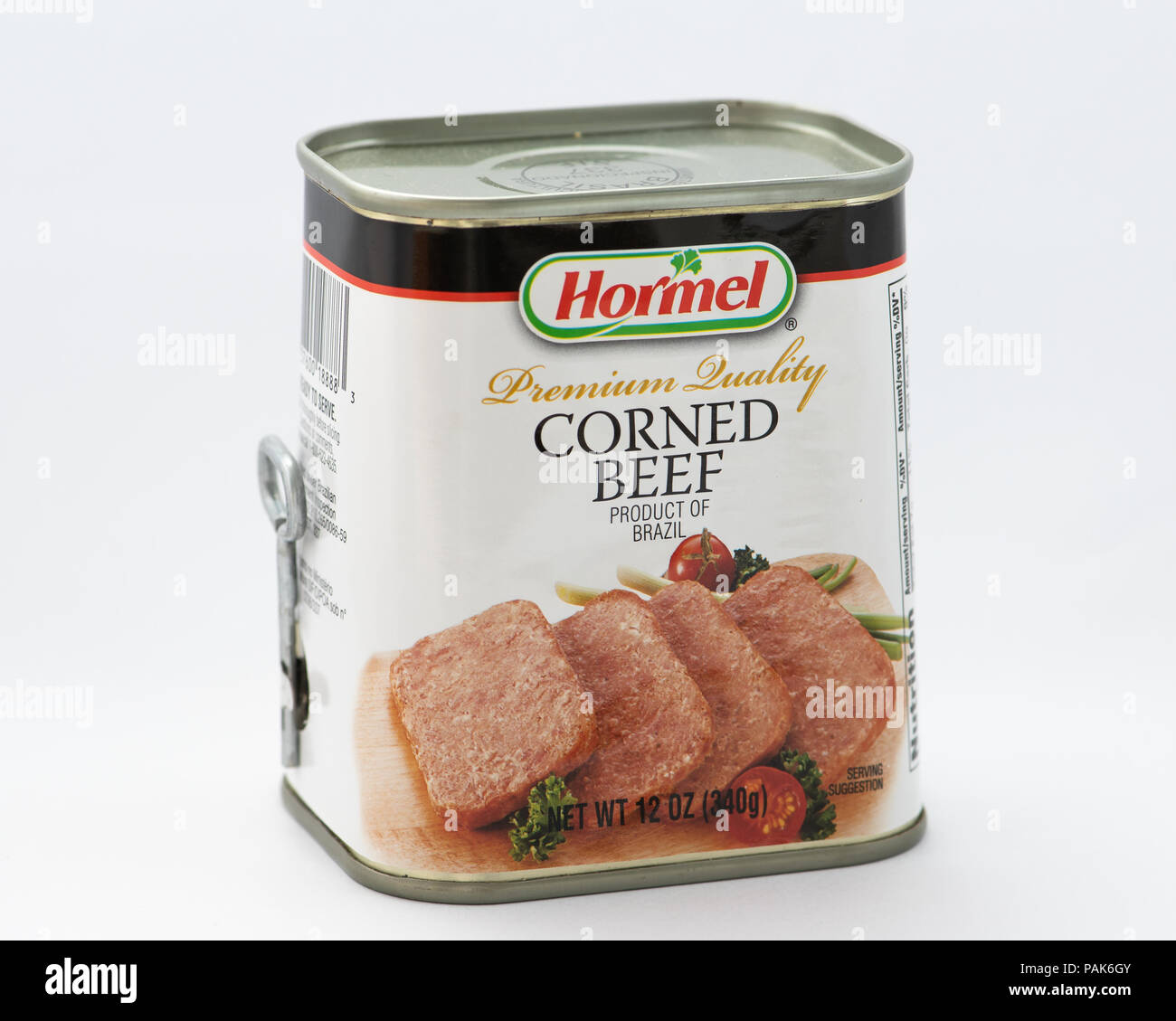 A can of Hormel premium quality Corned Beef, complete with key opener, a product of Brazil