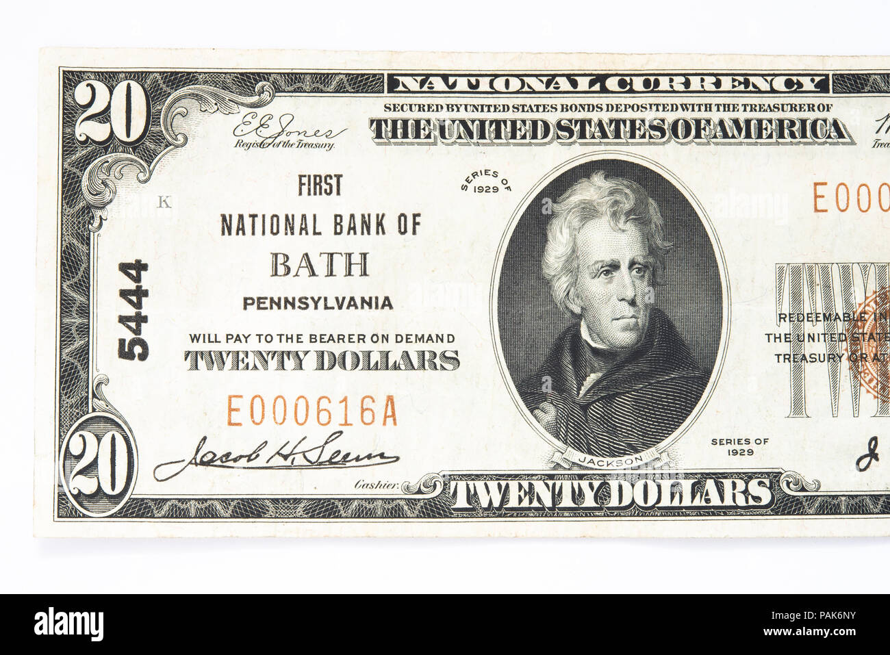 A US twenty dollars bank note from the First National Bank of Bath, Pennsylvania. Stock Photo