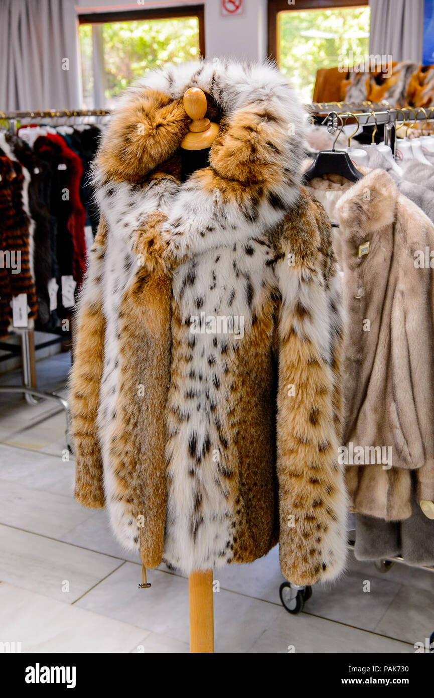 GREECE - APR 22, 2016: Fur coat shop at the factory of Papandopulos in  Kastoria, Greece. Very populat brand of Greek made fir coats Stock Photo -  Alamy