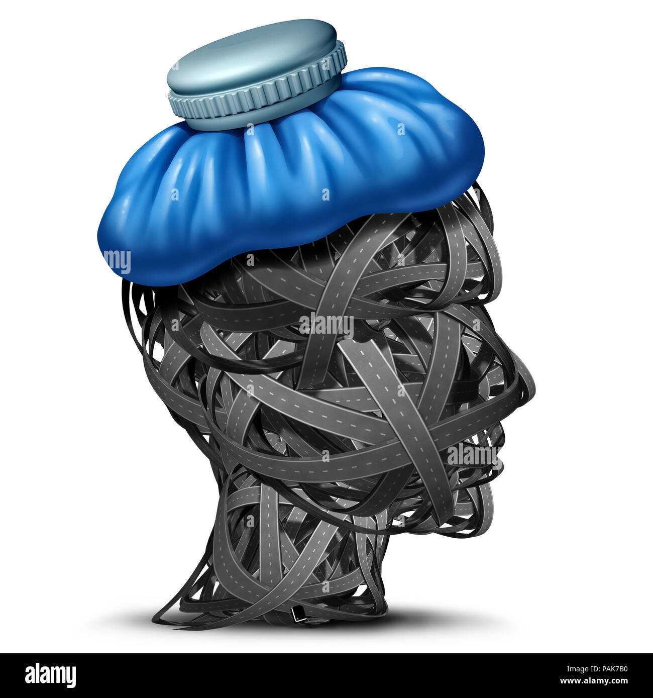 Traffic headache and highway congestion headaches as automobile or car gridlock road stress concept as a head made of streets with an ice bag. Stock Photo