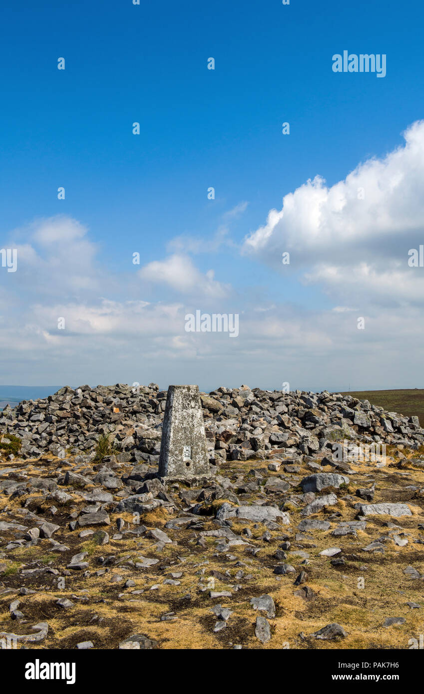 The summit of the Blorenge above the Usk Valley with the summit trig point and the cairn. An easy walk from the Foxhunter Carpark and excellent views  Stock Photo