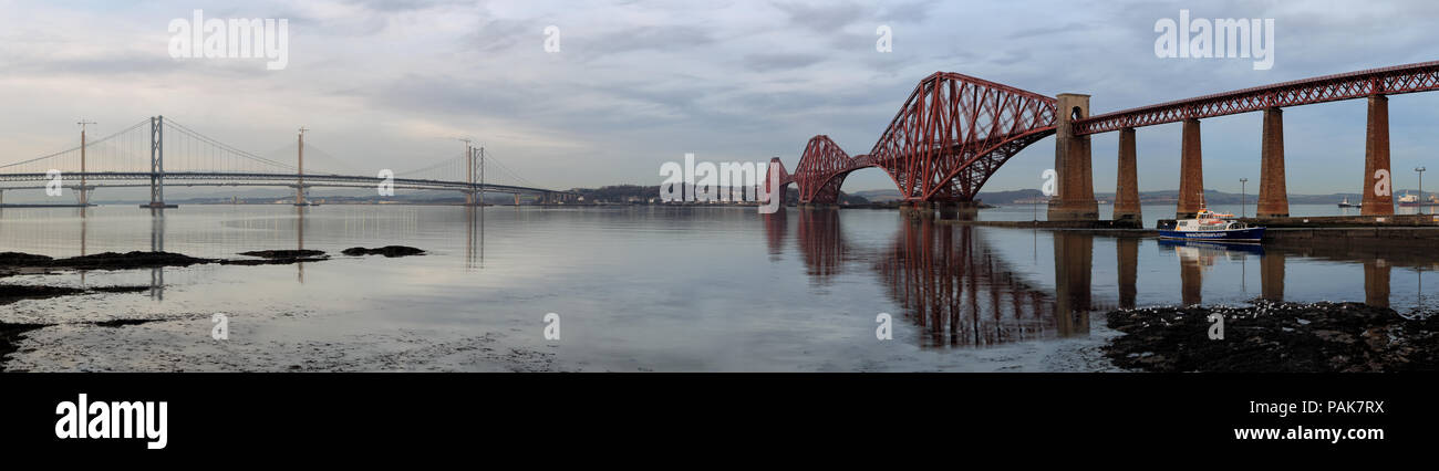 Firth Of Forth Bridges At Sunset - Panorama Stock Photo
