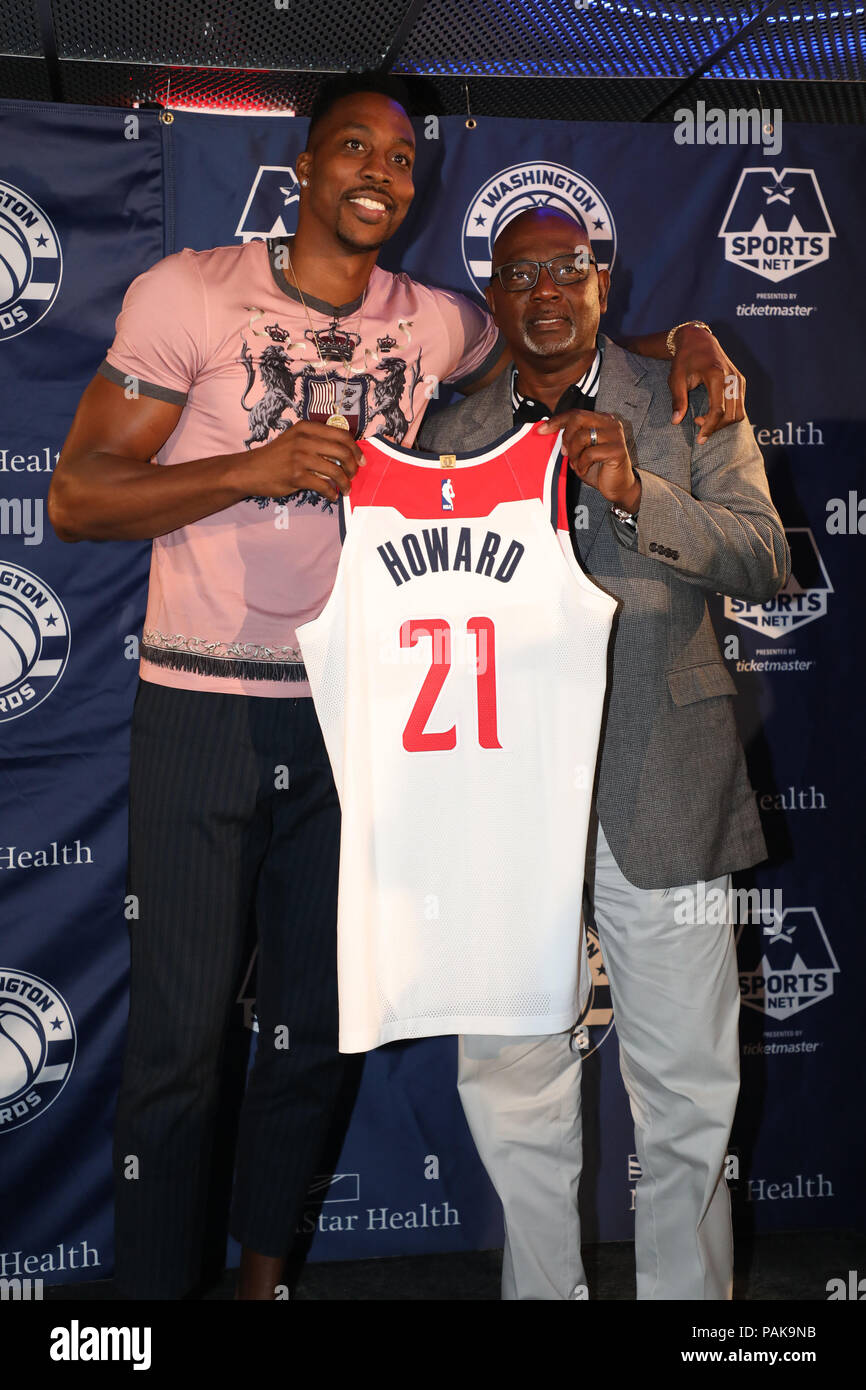 Washington, USA. 23rd July 2018. Dwight Howard and Dwight Howard Sr. at the Washington Wizards Press Conference announcing Dwight Howard as it's newest team member at the Capital One Arena in Washington, DC on July 23, 2018. Credit: mpi34/MediaPunch Credit: MediaPunch Inc/Alamy Live News Stock Photo