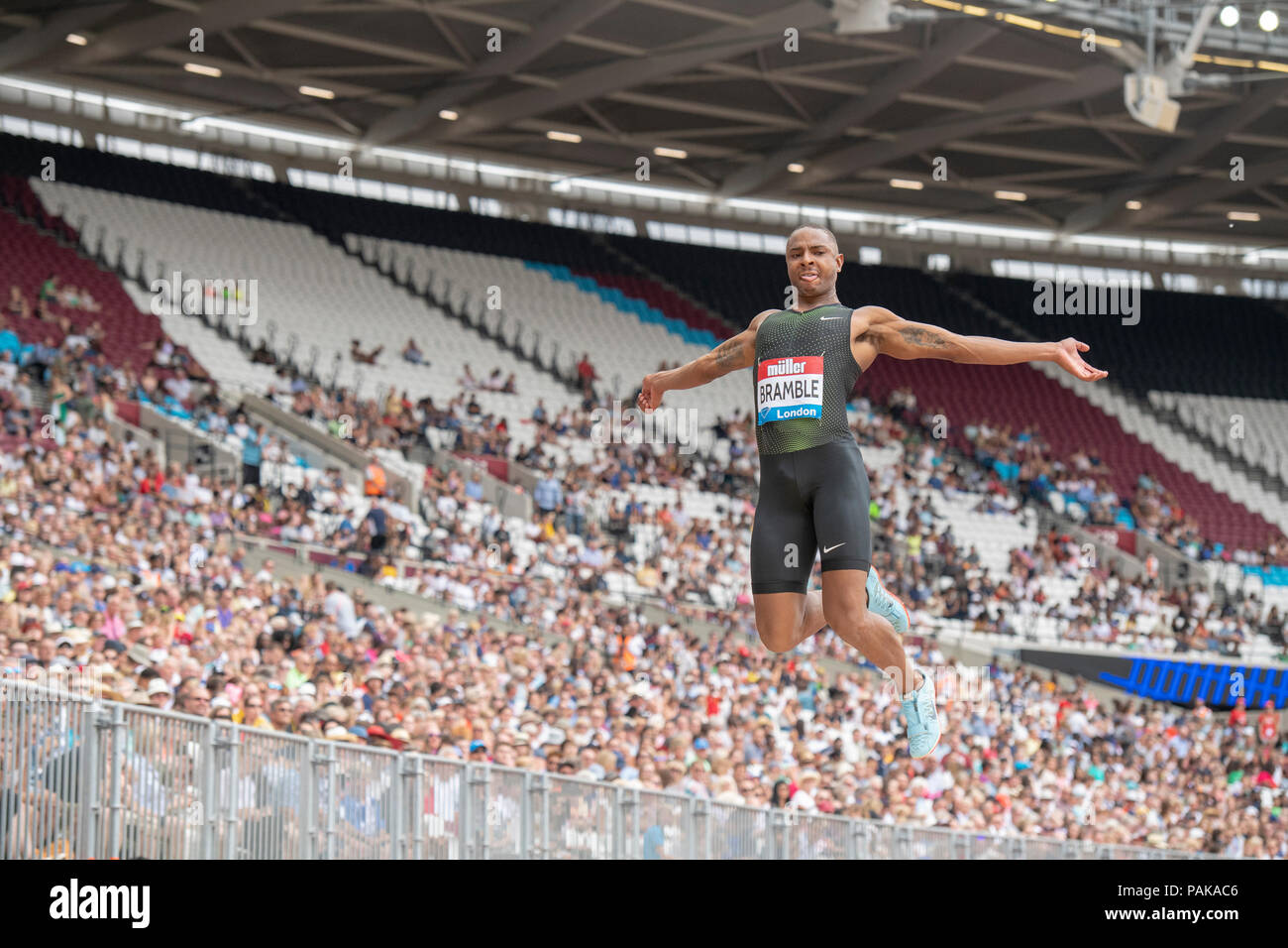 London, UK. 22nd July 2018. Dan Bramble competes in the long jump at the Muller Anniversary Games at the London Stadium, London, Great Britiain, on 22 July 2018. Credit: Andrew Peat/Alamy Live News Stock Photo