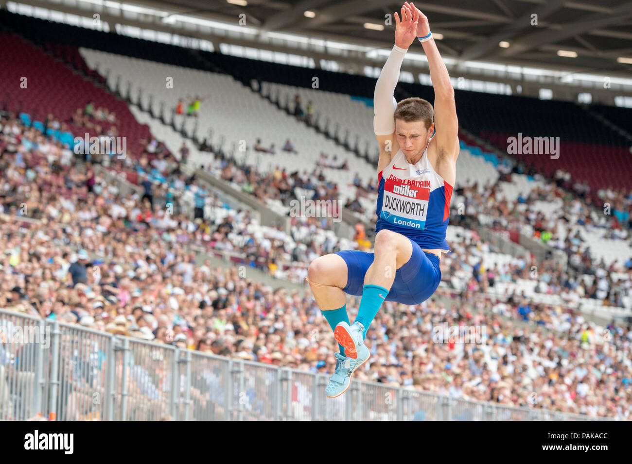 London, UK. 22nd July 2018. Tim Duckworth (GBR) competes in the long jump at the Muller Anniversary Games at the London Stadium, London, Great Britiain, on 22 July 2018. Credit: Andrew Peat/Alamy Live News Stock Photo