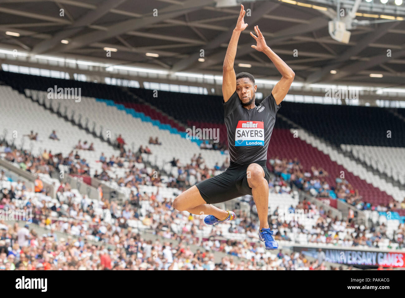 London, UK. 22nd July 2018. Feron Sayers (GBR) competes in the long jump at the Muller Anniversary Games at the London Stadium, London, Great Britiain, on 22 July 2018. Credit: Andrew Peat/Alamy Live News Stock Photo