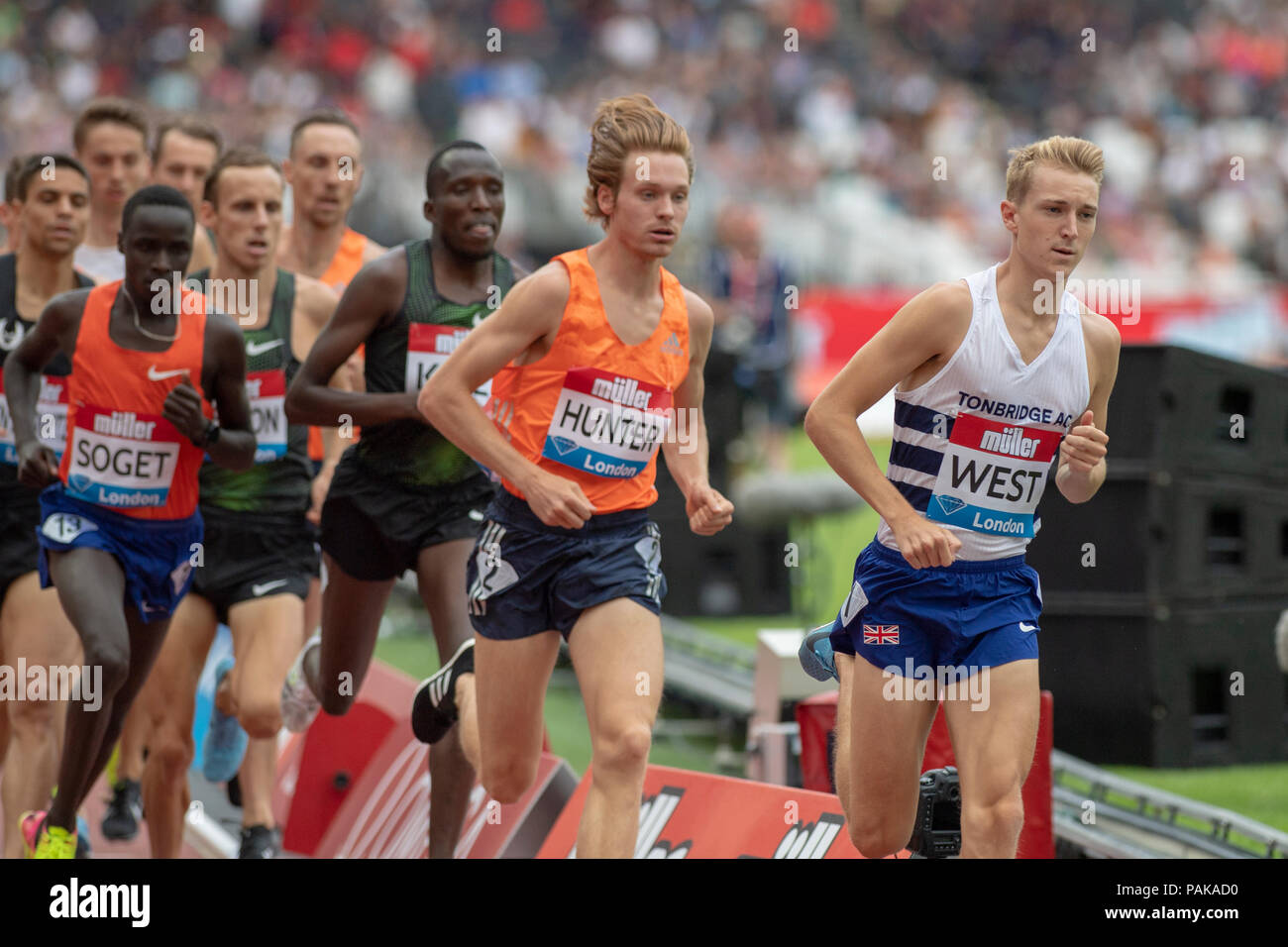 London, UK. 22nd July 2018. James West (GBR) leads Andrew Hunter (USA) in the 1500m at the Muller Anniversary Games at the London Stadium, London, Great Britiain, on 22 July 2018. Credit: Andrew Peat/Alamy Live News Stock Photo