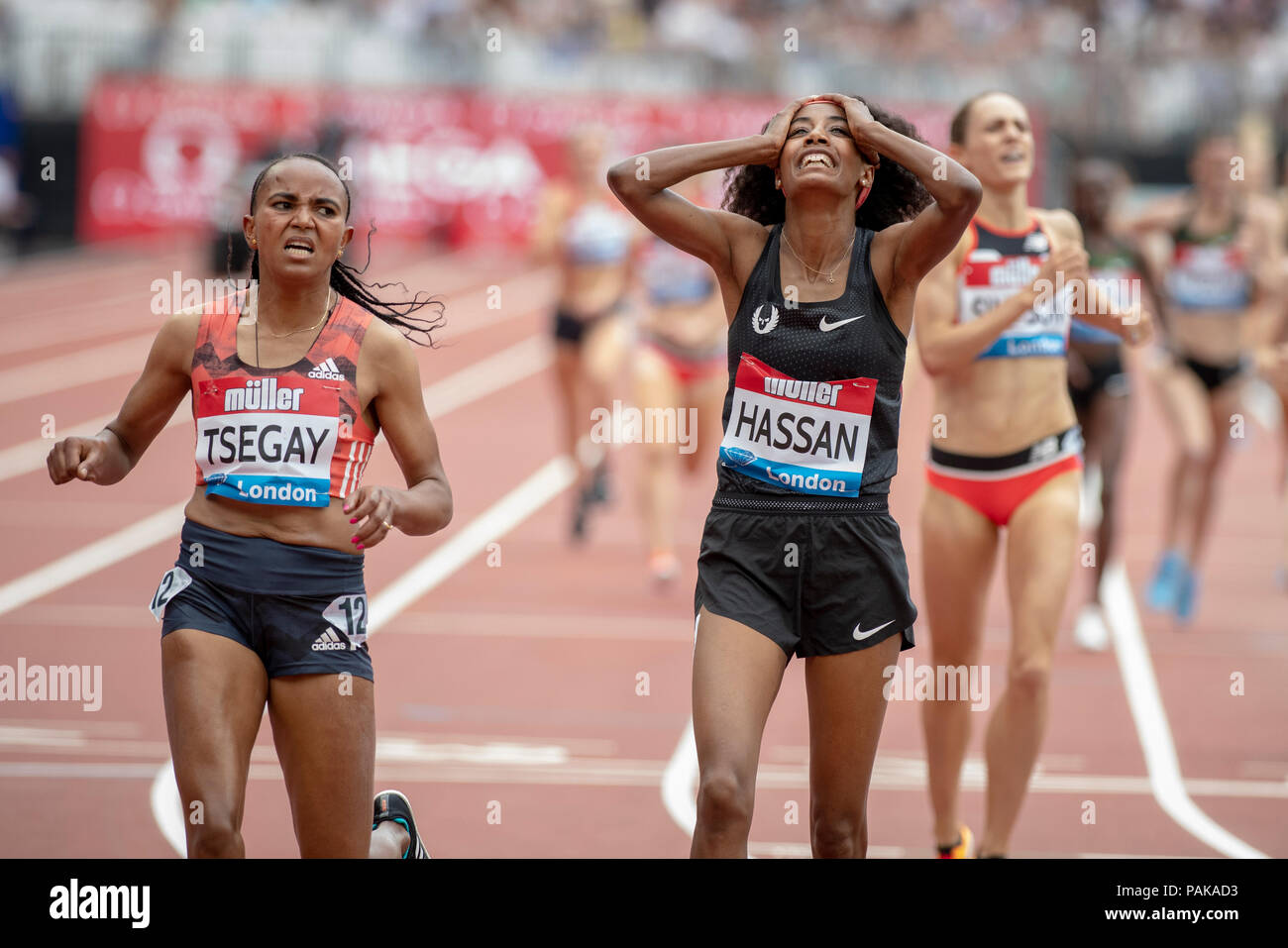 London, UK. 22nd July 2018. Sifan Hassan reacts after winning the Millicent Fawcett Mile at the Muller Anniversary Games at the London Stadium, London, Great Britiain, on 22 July 2018. Credit: Andrew Peat/Alamy Live News Stock Photo
