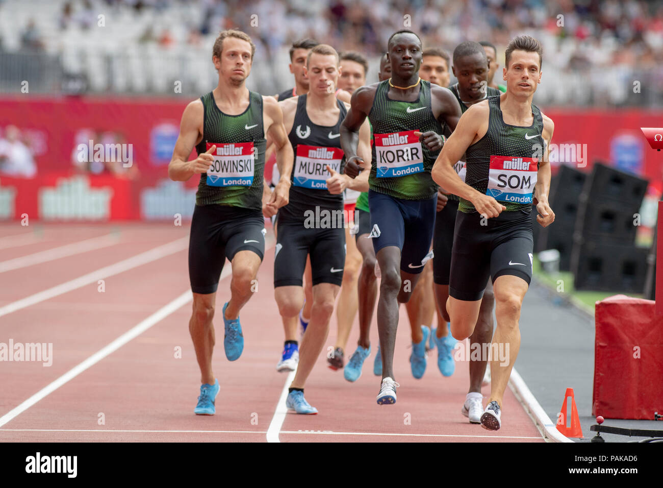 London, UK. 22nd July 2018. Pacemaker Bram Som (NED) leads race winner Emmanuel Korir (KEN) in the 800m at the Muller Anniversary Games at the London Stadium, London, Great Britiain, on 22 July 2018. Credit: Andrew Peat/Alamy Live News Stock Photo