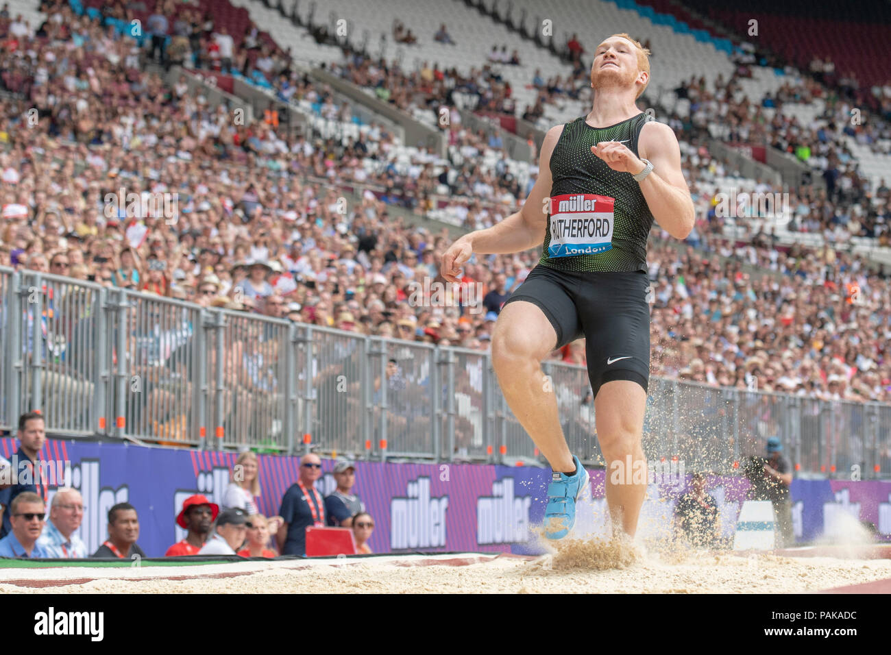 London, UK. 22nd July 2018. Greg Rutherford (GBR) runs through the take-off board in his final long jump competition at the Muller Anniversary Games at the London Stadium, London, Great Britiain, on 22 July 2018. Credit: Andrew Peat/Alamy Live News Stock Photo