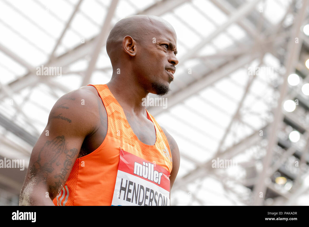 London, UK. 22nd July 2018. Olympic champion Jeff Henderson (USA) finished 5th (8.20m) in the long jump at the Muller Anniversary Games at the London Stadium, London, Great Britiain, on 22 July 2018. Credit: Andrew Peat/Alamy Live News Stock Photo