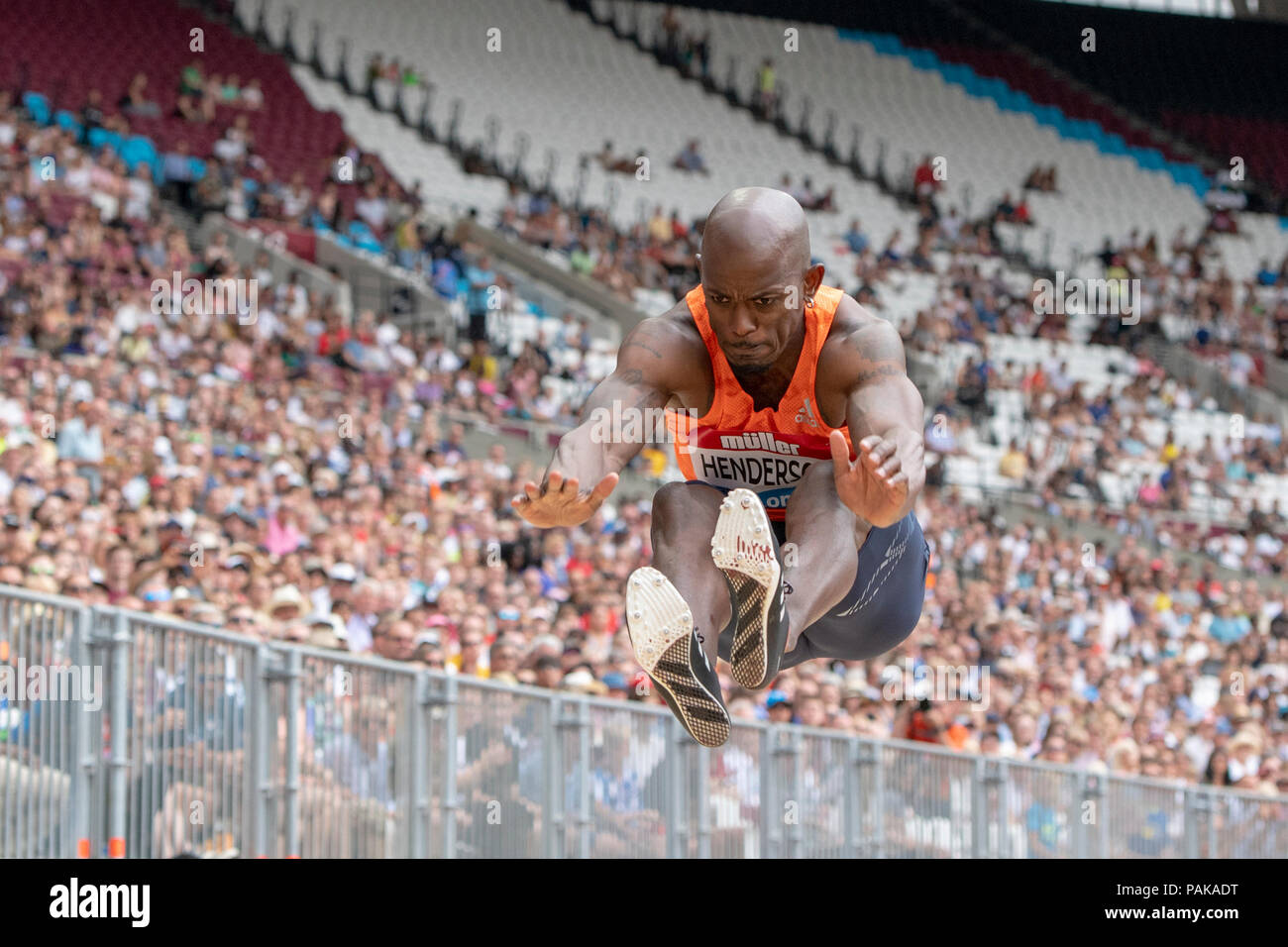 London, UK. 22nd July 2018. Olympic champion Jeff Henderson (USA) finished 5th (8.20m) in the long jump at the Muller Anniversary Games at the London Stadium, London, Great Britiain, on 22 July 2018. Credit: Andrew Peat/Alamy Live News Stock Photo