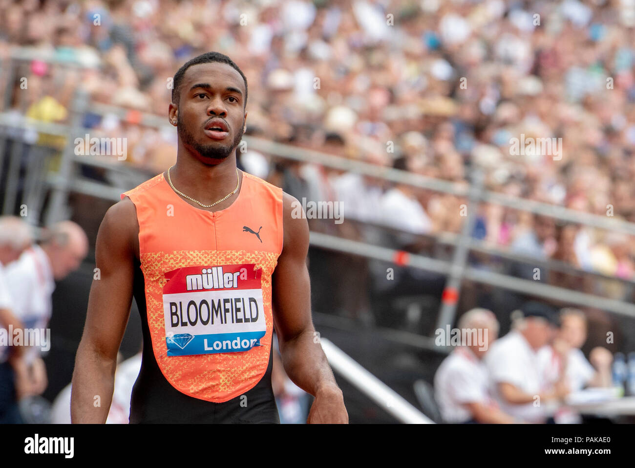 London, UK. 22nd July 2018. Akeem Bloomfield (JAM) looks on after winning the 200m at the Muller Anniversary Games at the London Stadium, London, Great Britiain, on 22 July 2018. Credit: Andrew Peat/Alamy Live News Stock Photo