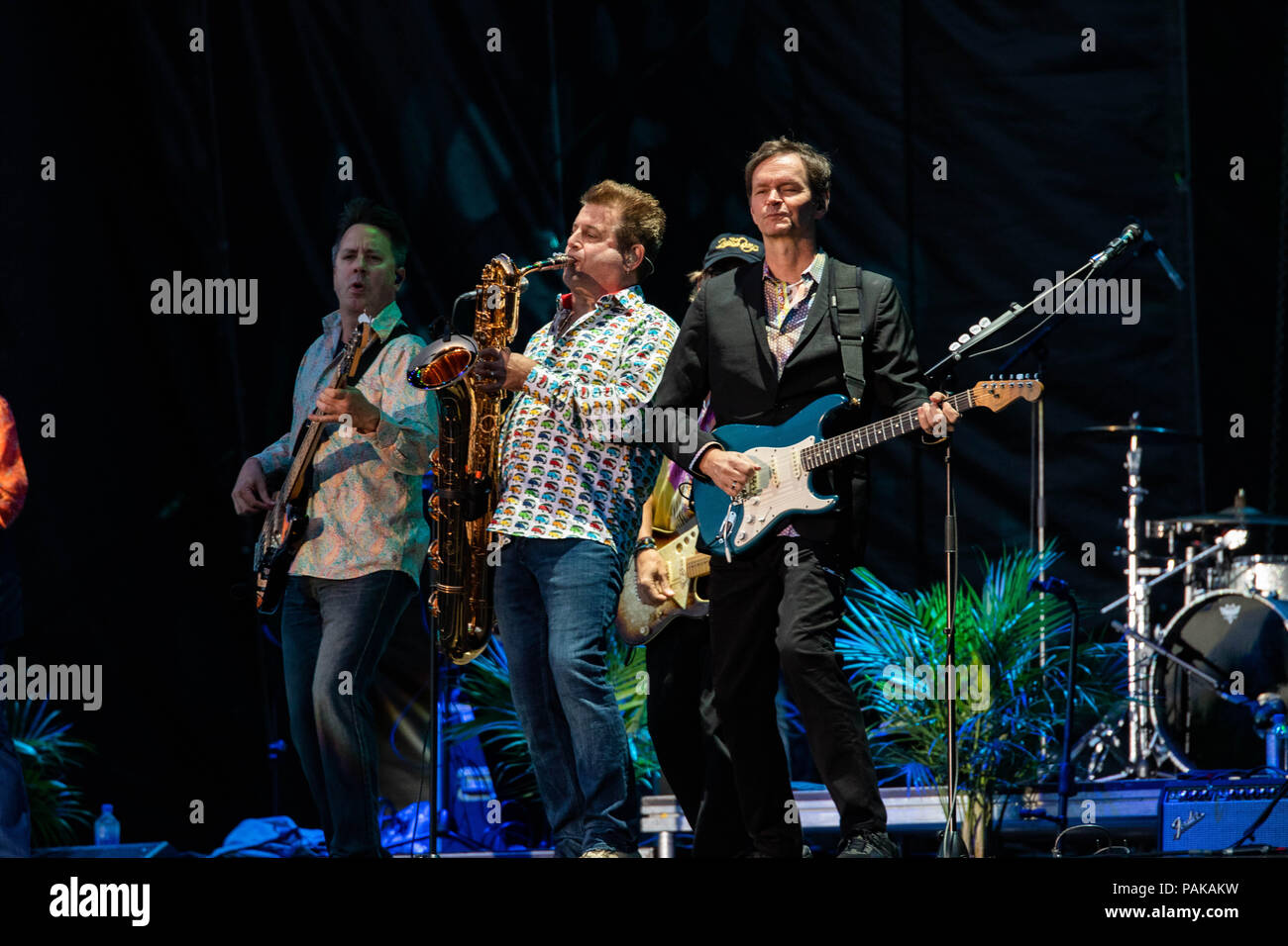 Edmonton, Alberta, Canada. 22nd July, 2018. Randy Leago (M) and Scott Totten (R) performs with the Beach Boys at K-days in Edmonton. Credit: Ron Palmer/SOPA Images/ZUMA Wire/Alamy Live News Stock Photo