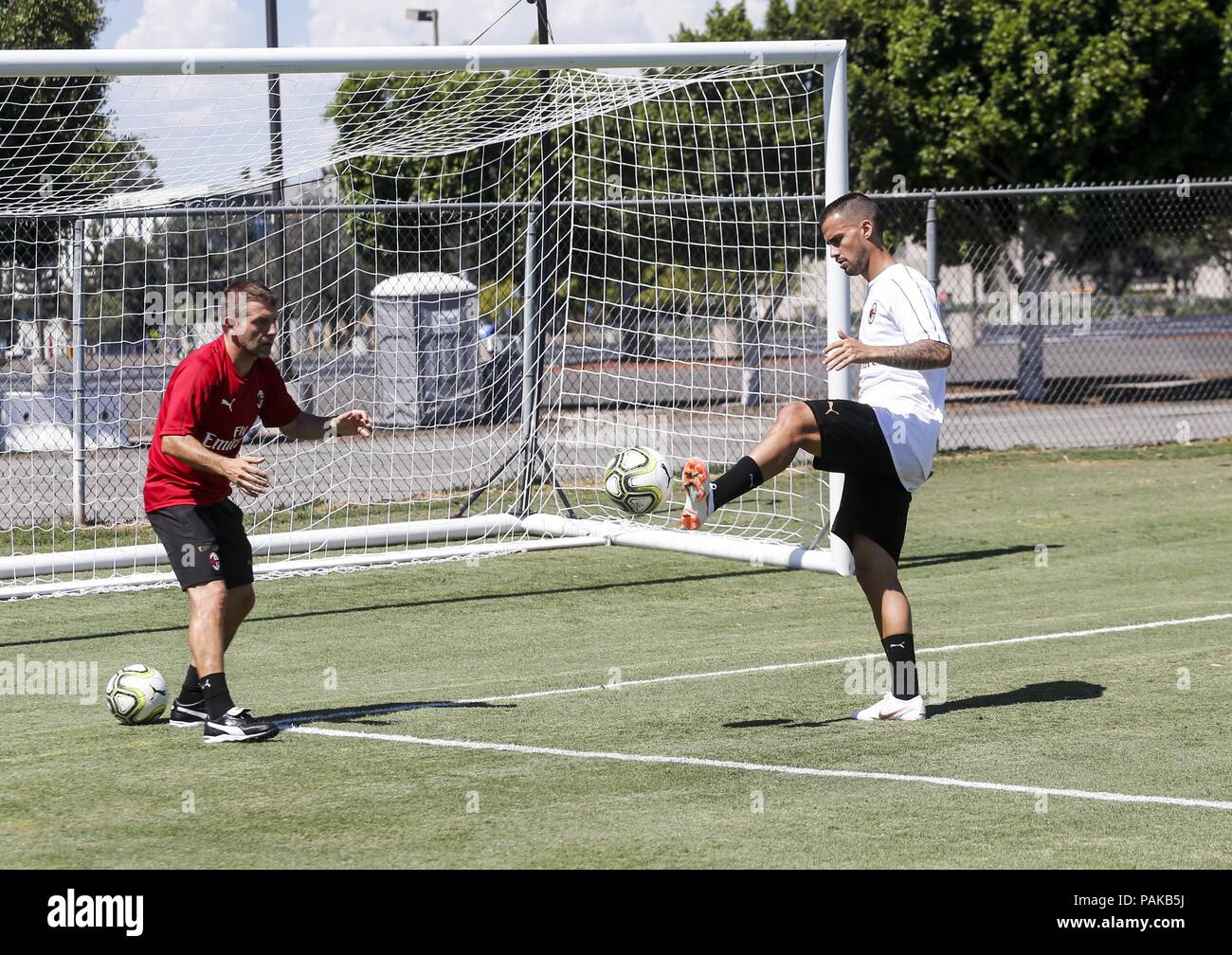 Los Angeles, California, USA. 23rd July, 2018. AC Milan player Suso, right, practices during a training session at StubHub Center in Carso, California on July 23, 2018. AC Milan will play an international Champions Cup match against Manchester United on July 25 in Carson. Credit: Ringo Chiu/ZUMA Wire/Alamy Live News Stock Photo