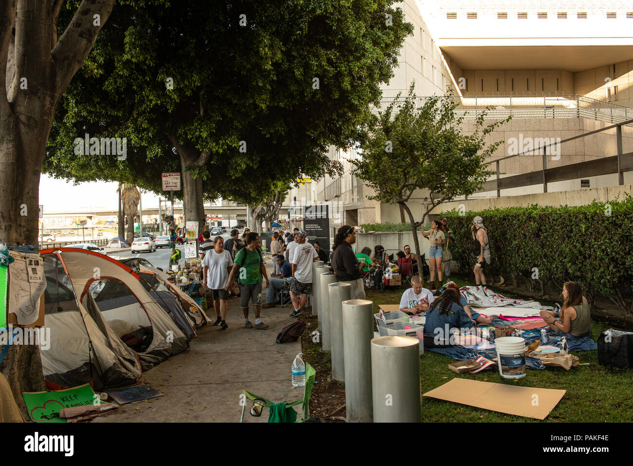 Los Angeles, USA - July 23 2018: Protestors rally and occupy outside ICE detention center in Los Angeles  in downtown Los Angeles on July 23rd, 2018. They are blockading one vehicle entrance of center and camping there for 33 days in unite with families and detained immigrants (Credit: Aydin Palabiyikoglu/Alamy Live News Stock Photo
