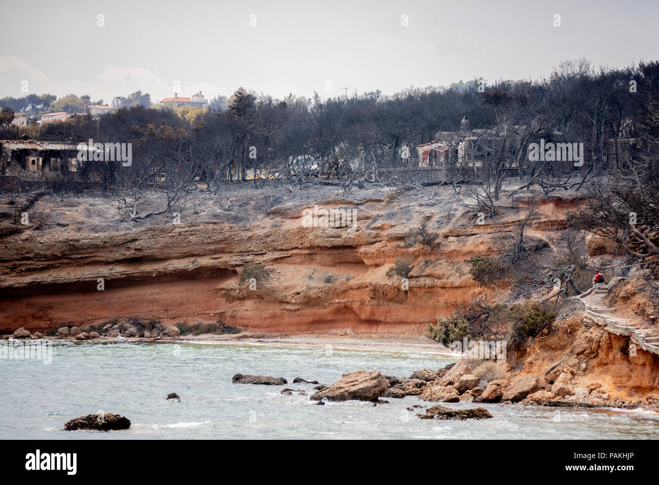 Mati, Greece. 24th July, 2018. A fire destroyed the coast after a fire  raged there last night. According to new information, the out-of-control  forest fires near Athens killed several people on 24
