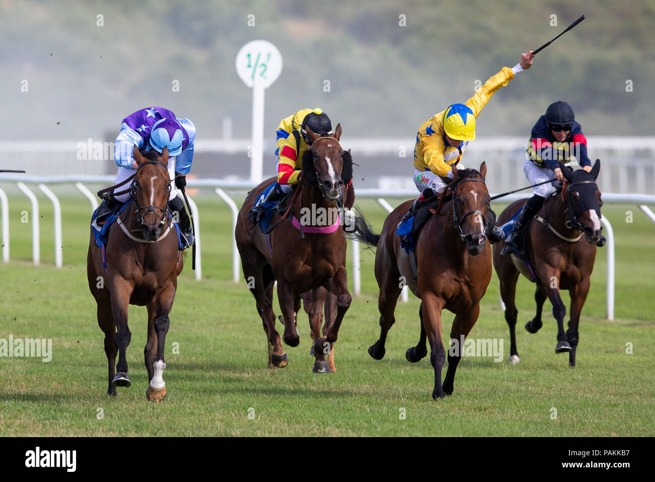 Ffos Las Racecourse, Trimsaran, Wales, UK. Tuesday 24 July 2018. Ellen Gates (jockey Shane Kelly) (second right) on the way to winning the mintbet.com Best Odds Guaranteed Singles Multiples Handicap Credit: Gruffydd Thomas/Alamy Live News Stock Photo
