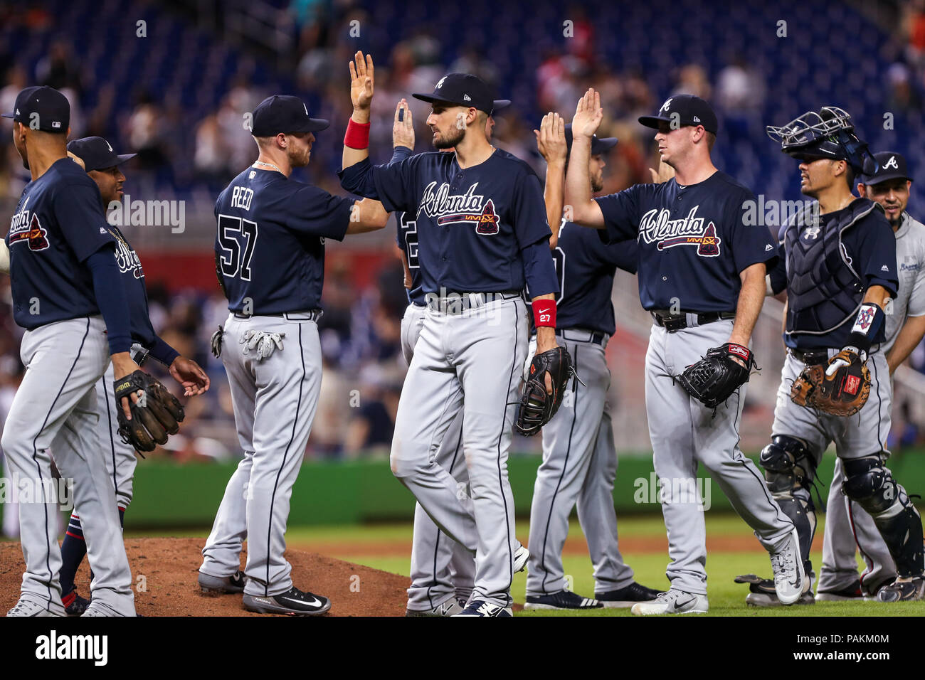 Miami, Florida, USA. 23rd July, 2018. The Atlanta Braves celebrate their team's victory of an MLB game against the Miami Marlins at the Marlins Park, in Miami, Florida. The Braves won 12-1. Mario Houben/CSM/Alamy Live News Stock Photo