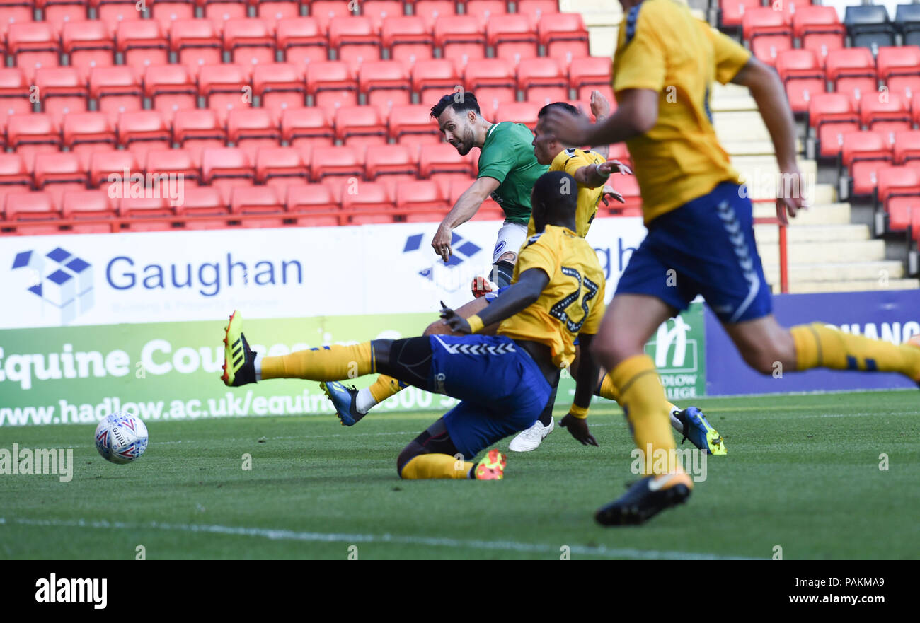 London UK 24th July 2018 - Richie Towell of Brighton shoots through a crowded penalty area during the pre season friendly football match between Charlton Athletic and Brighton and Hove Albion  at The Valley stadium  Photograph taken by Simon Dack Credit: Simon Dack/Alamy Live News - Editorial Use Only Stock Photo