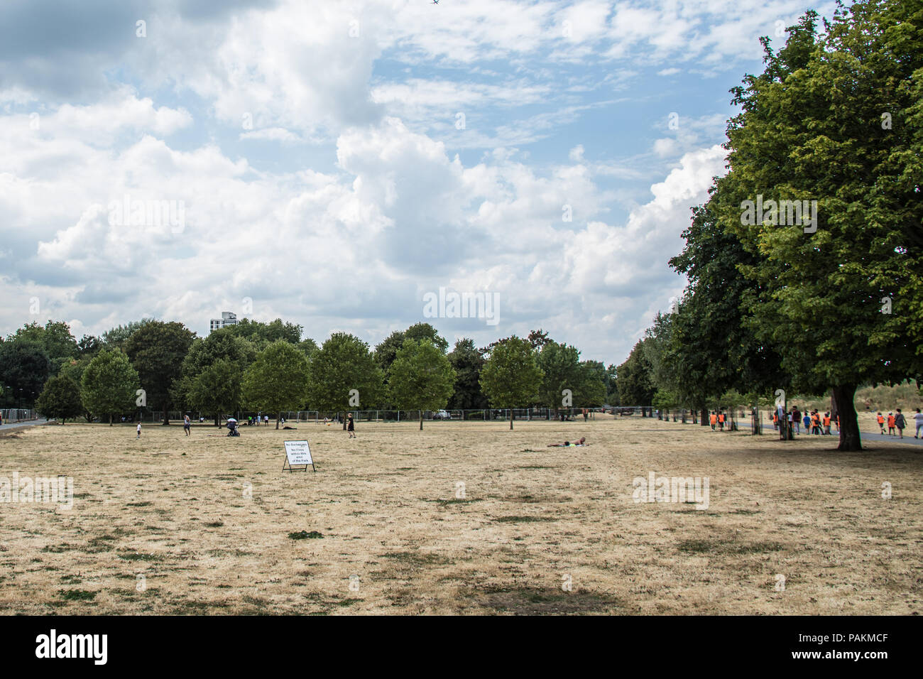 London,UK. 24 July, 2018. London gets some respite with some cloud but still no rain in parched South London where the grass in Burgess park looks more like sand. David Rowe/Alamy Live News. Stock Photo